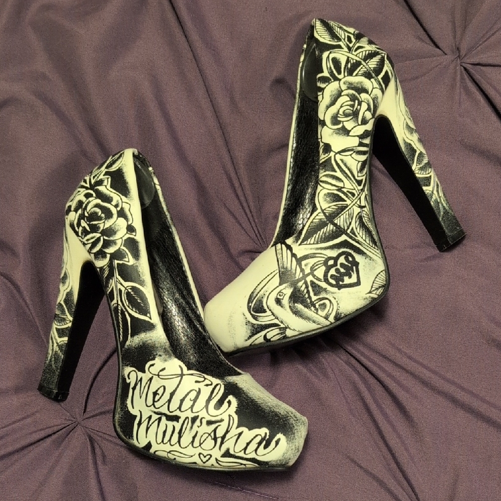 Metal Mulisha Floral Black and White Heels
